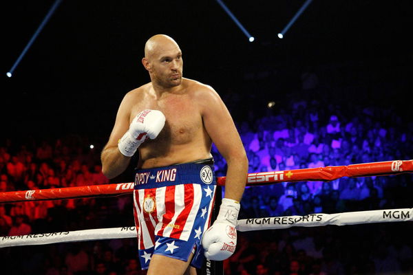 Tyson Fury walks around the ring during the Tyson Fury vs Tom Schwarz 12 round Heavyweight boxing ma