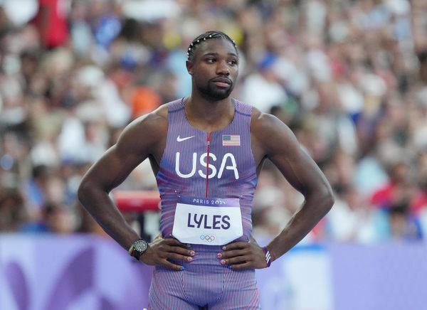 Olympics: Athletics-Evening Session Aug 5, 2024; Saint-Denis, FRANCE; Noah Lyles (USA) before the men s 200m round 1 hea